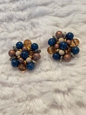 Vintage Beaded Cluster ClipOn Earrings Multicolor Retro Statement